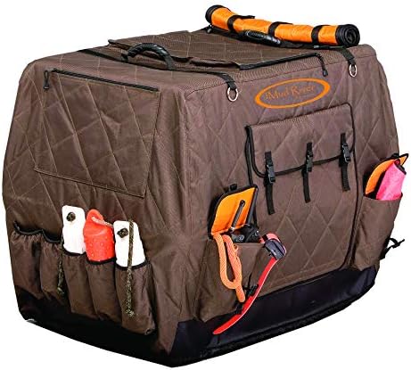Side profile of the Mud River Dixie dog crate cover highlighting the spacious storage gear pockets.
