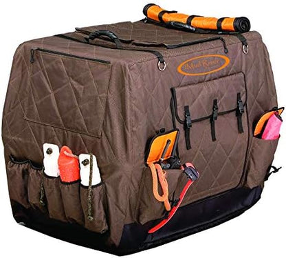 Side profile of the Mud River Dixie dog crate cover highlighting the spacious storage gear pockets.