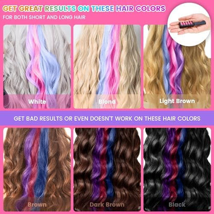Child using colorful temporary hair chalk comb on hair