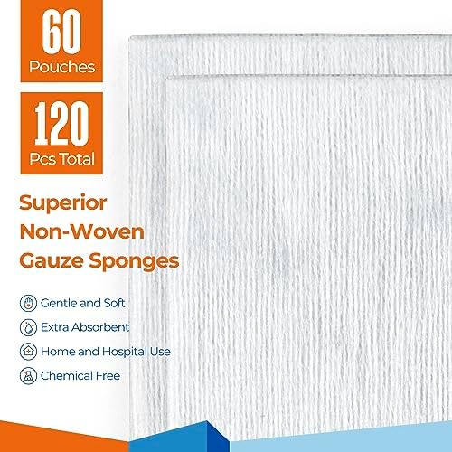 Four ply highly absorbent nonwoven gauze compresses for first aid kits
