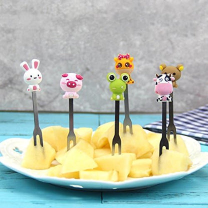 Close up of Zeltauto cute cartoon animal silicone handles on stainless steel forks