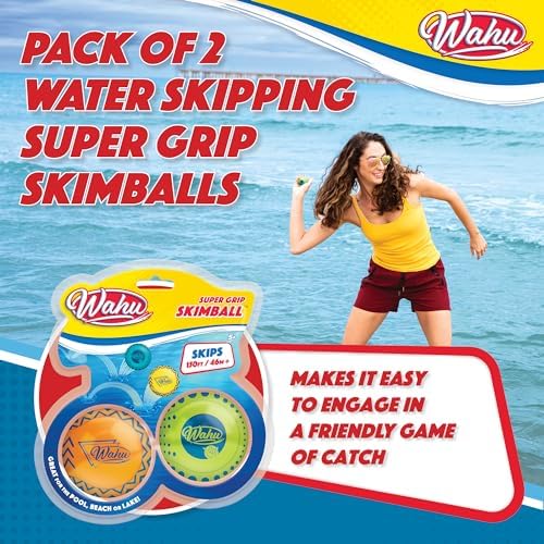 Wahu Super Grip Skimball being thrown and skipping across a swimming pool surface
