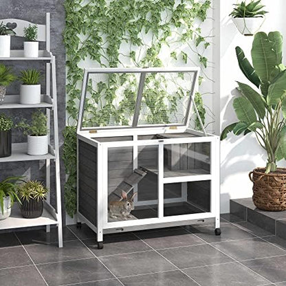 PawHut Rabbit Hutch with Wheels, Desk and Side Table Sized, Wooden Rabbit Cage, Waterproof Small Bunny Cage with Removable Tray, Openable Roof, for Indoor & Outdoor, Gray - Image 3