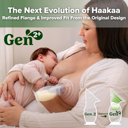 Haakaa silicone breast pump showing the clear one hundred fifty milliliter measurement markings.