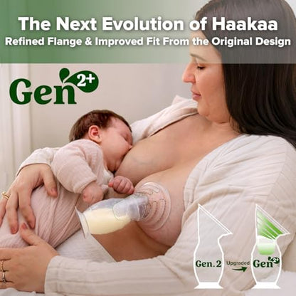 Haakaa silicone breast pump showing the clear one hundred fifty milliliter measurement markings.