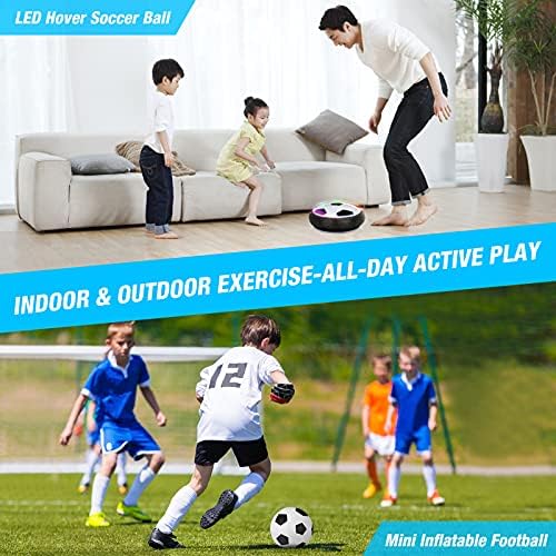 Full product packaging contents including the hover disk, inflatable accessories, and goal nets