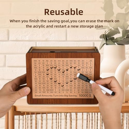 Zayeemi extra large wooden money saver box displayed on a home office desk.