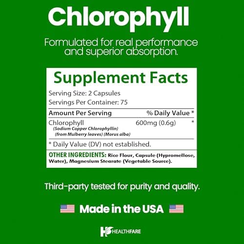 Premium plant based chlorophyll pills by Healthfare showing supplement facts and dosage guidelines