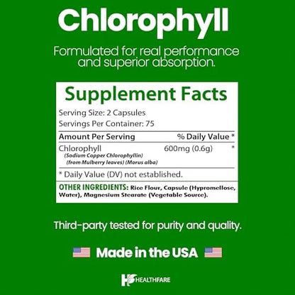 Premium plant based chlorophyll pills by Healthfare showing supplement facts and dosage guidelines