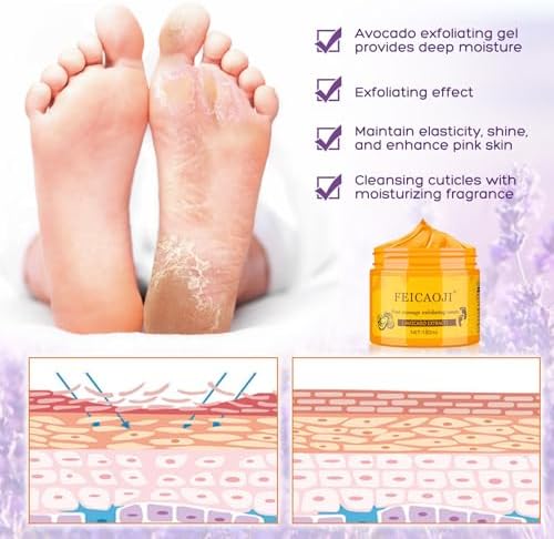 XIWEIOO 180ml avocado foot massage exfoliating cream packaging and ingredients list.