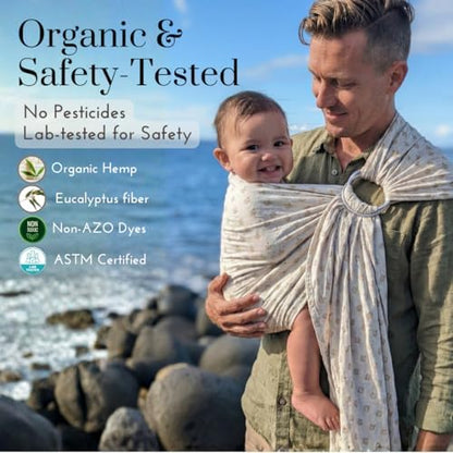 Close up view of the durable aluminum rings and secure stitching on the LilymoonBaby eucalyptus wrap.