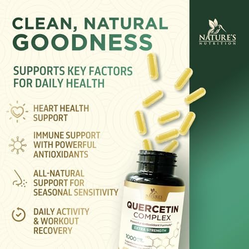 Lifestyle arrangement of Nature's Nutrition Quercetin dietary supplement bottle.