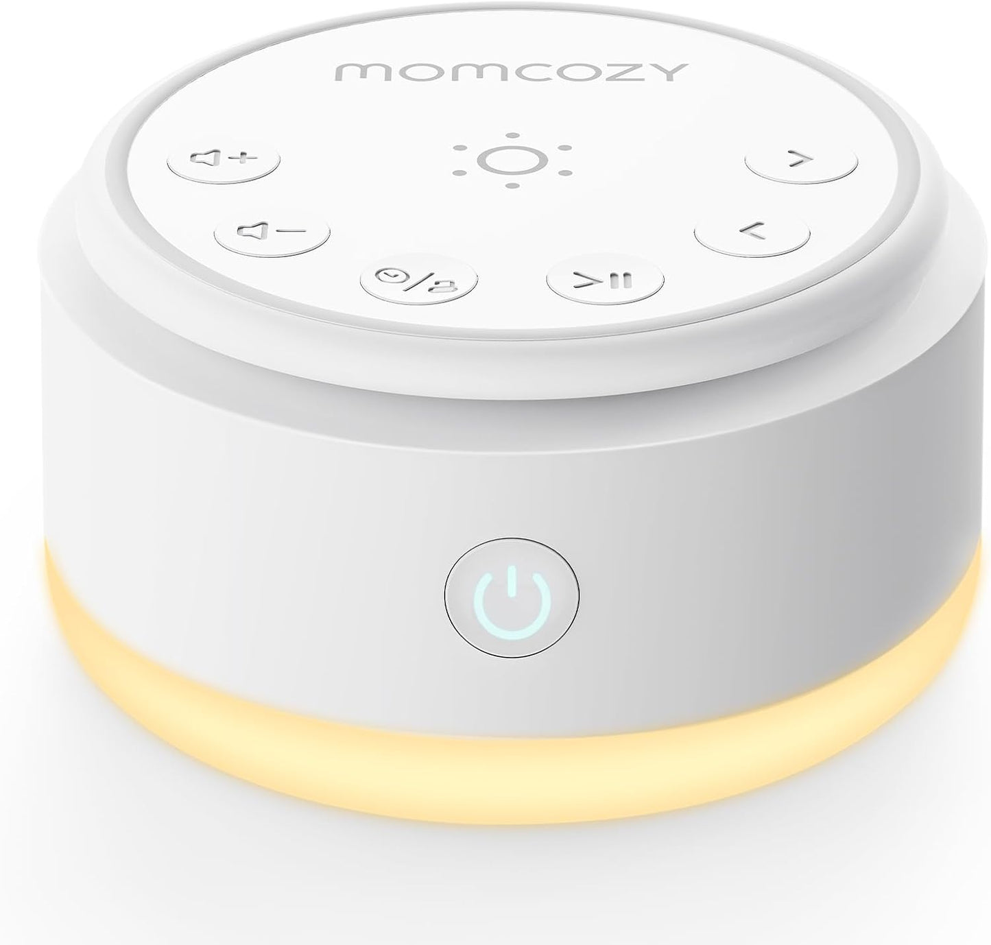 Momcozy Portable Baby Sound Machine front view with warm light activated.