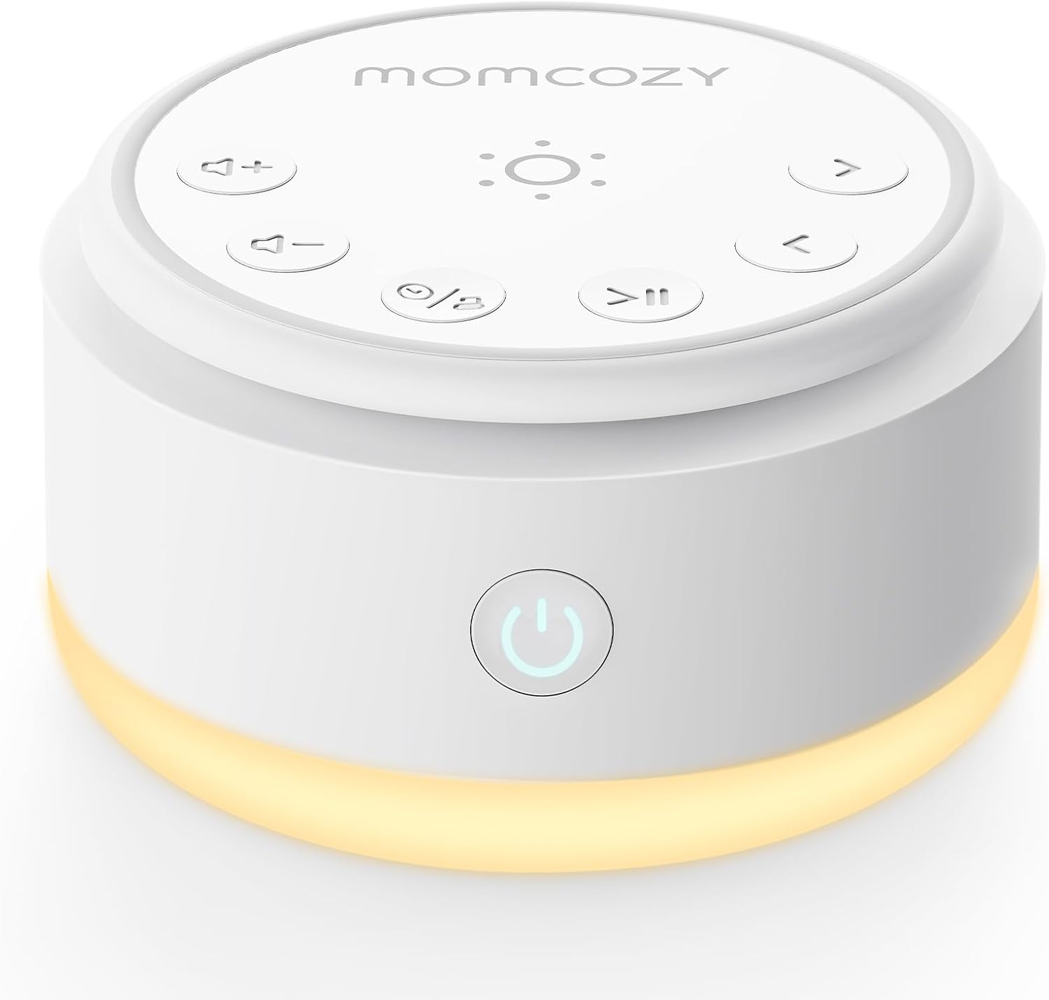 Momcozy Portable Baby Sound Machine front view with warm light activated.