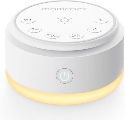 Momcozy Portable Baby Sound Machine front view with warm light activated.