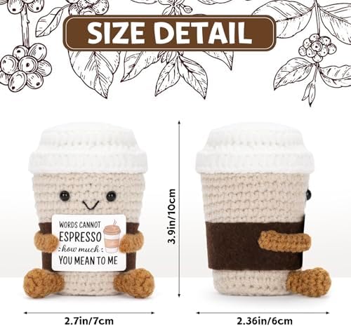 Cute crochet potato partner coffee cup plushie being held to demonstrate its soft and squishy texture.
