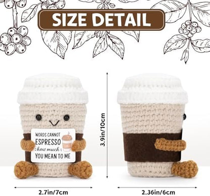 Cute crochet potato partner coffee cup plushie being held to demonstrate its soft and squishy texture.