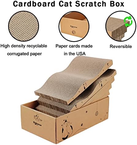 An empty RUBMEOW outer casing displaying how easily the five reversible cardboard scratch pads can be replaced or flipped.
