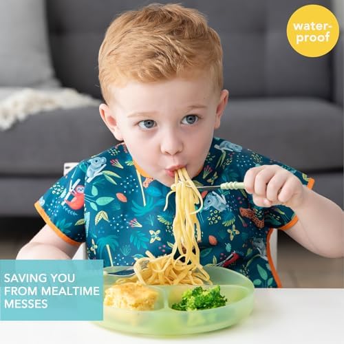 Bumkins waterproof toddler eating smock with wide open catch-all crumb pocket