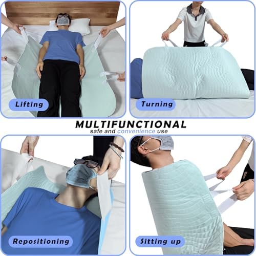 Caregiver using handles to reposition patient with bed pad