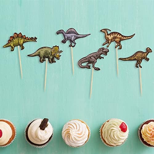 Assorted dinosaur cupcake picks including T-Rex and Triceratops