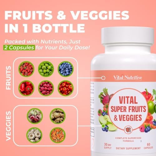 Vital Nutritive fruit and vegetable supplement bottle with capsule close up