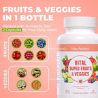 Vital Nutritive fruit and vegetable supplement bottle with capsule close up