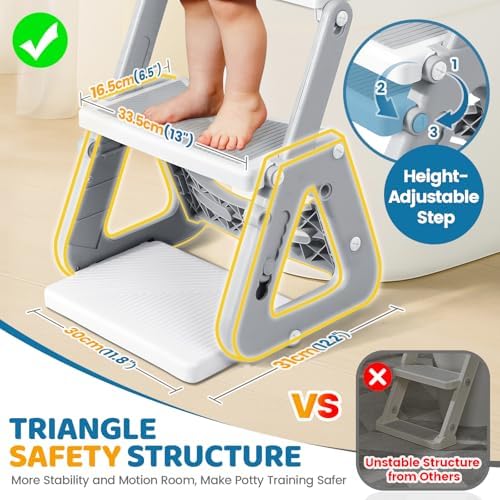 IvyWind toddler toilet training ladder angled view highlighting the easy grip handles and wide non slip steps.