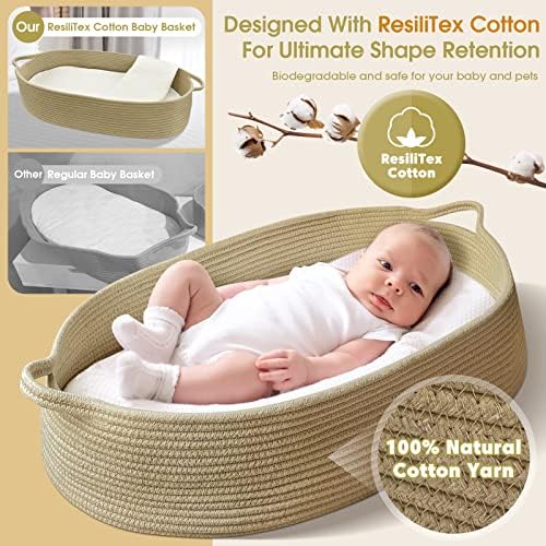 Bohemian style baby changing basket placed on a wooden nursery dresser