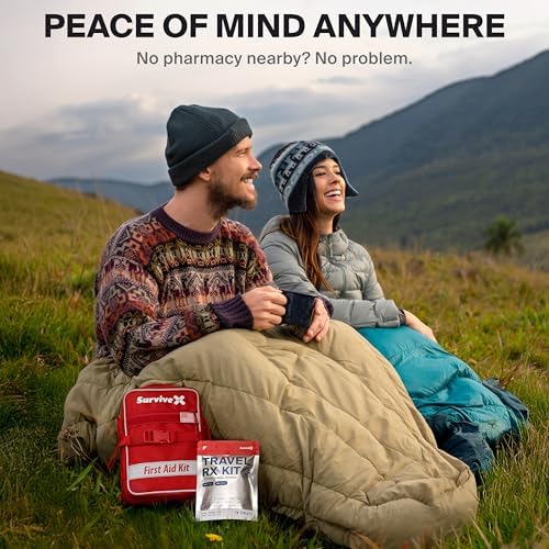 SurviveX first aid and medicine packets organized for 3 to 5 days of camping or hiking.