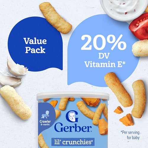 Close up of Gerber Veggie Dip Lil Crunchies ingredients list highlighting whole grains and zero artificial flavors