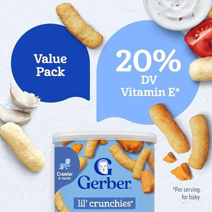 Close up of Gerber Veggie Dip Lil Crunchies ingredients list highlighting whole grains and zero artificial flavors