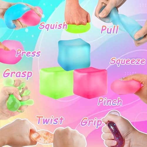 Three pack of multicolor sensory fidget toys for anxiety relief resting on a desk.