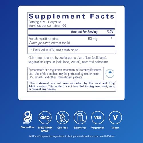Pure Encapsulations pine bark extract supplement label details