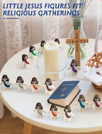 Ten different color variations of the tiny baby Jesus statues arranged neatly to highlight the variety.