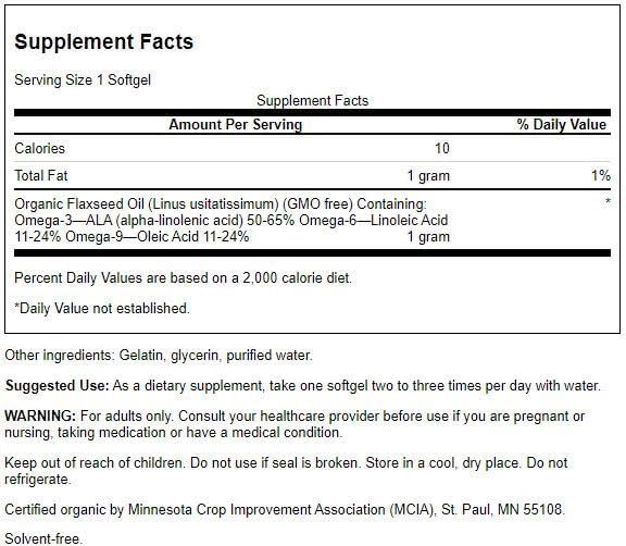 Back label of Swanson Flaxseed Oil 1000 mg softgels showing supplement facts and organic ingredients