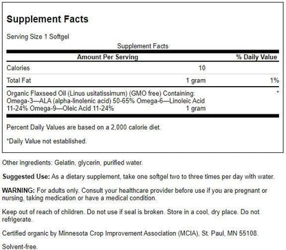 Back label of Swanson Flaxseed Oil 1000 mg softgels showing supplement facts and organic ingredients