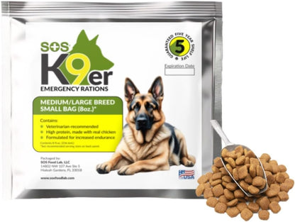 S.O.S. Food Lab dry emergency dog food chicken formula being poured into a pet bowl