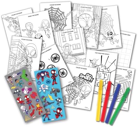 Seventeen piece Marvel kids art set laid out showing four primary color markers