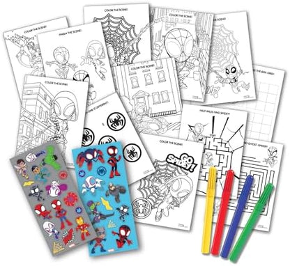 Seventeen piece Marvel kids art set laid out showing four primary color markers