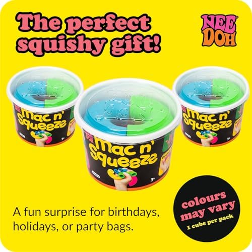 Hand squeezing a hollow neon blue macaroni toy for stress relief