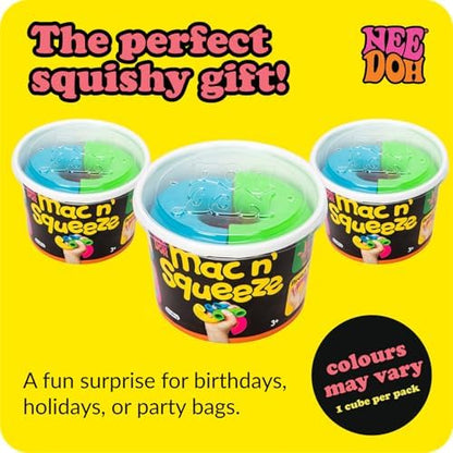 Hand squeezing a hollow neon blue macaroni toy for stress relief