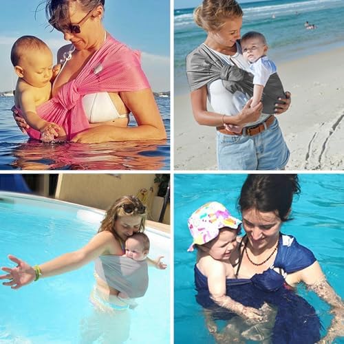 Mother using vrbabies lightweight breathable mesh wrap carrier to hold newborn at the beach.
