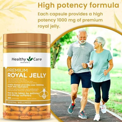 Healthy Care Royal Jelly 365 capsules back label showing nutritional ingredients and 10-HDA content