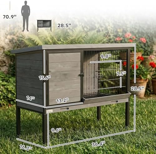 PawHut Elevated Rabbit Hutch with Pull-Out Tray, Wooden Bunny House Rabbit Cage for Outdoor Indoor Use, Openable Plastic Roof, Light Gray - Image 7