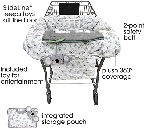 Boppy baby high chair cover in gray green koalas print attached to a restaurant chair