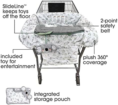 Boppy baby high chair cover in gray green koalas print attached to a restaurant chair