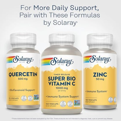 Full view of Solaray Quercetin 500mg 90 vegetarian capsules bottle for immune and respiratory support