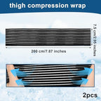Adjustable black thigh compression wrap shown on a quadriceps muscle