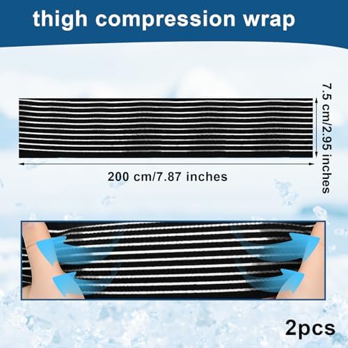 Adjustable black thigh compression wrap shown on a quadriceps muscle